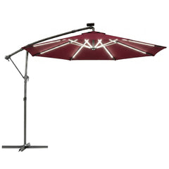 Outsunny 3 m Garden Cantilever Parasol with LED Solar Light, Round Overhanging Umbrella with 360 degrees Rotation, Cover, Wine Red