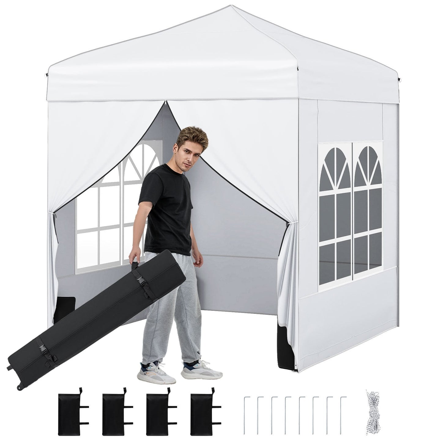 6.5 x 6.5 FT Pop up Canopy Tent Outdoor Patio Commercial Sunshade Shelter with 4 Sidewalls-White