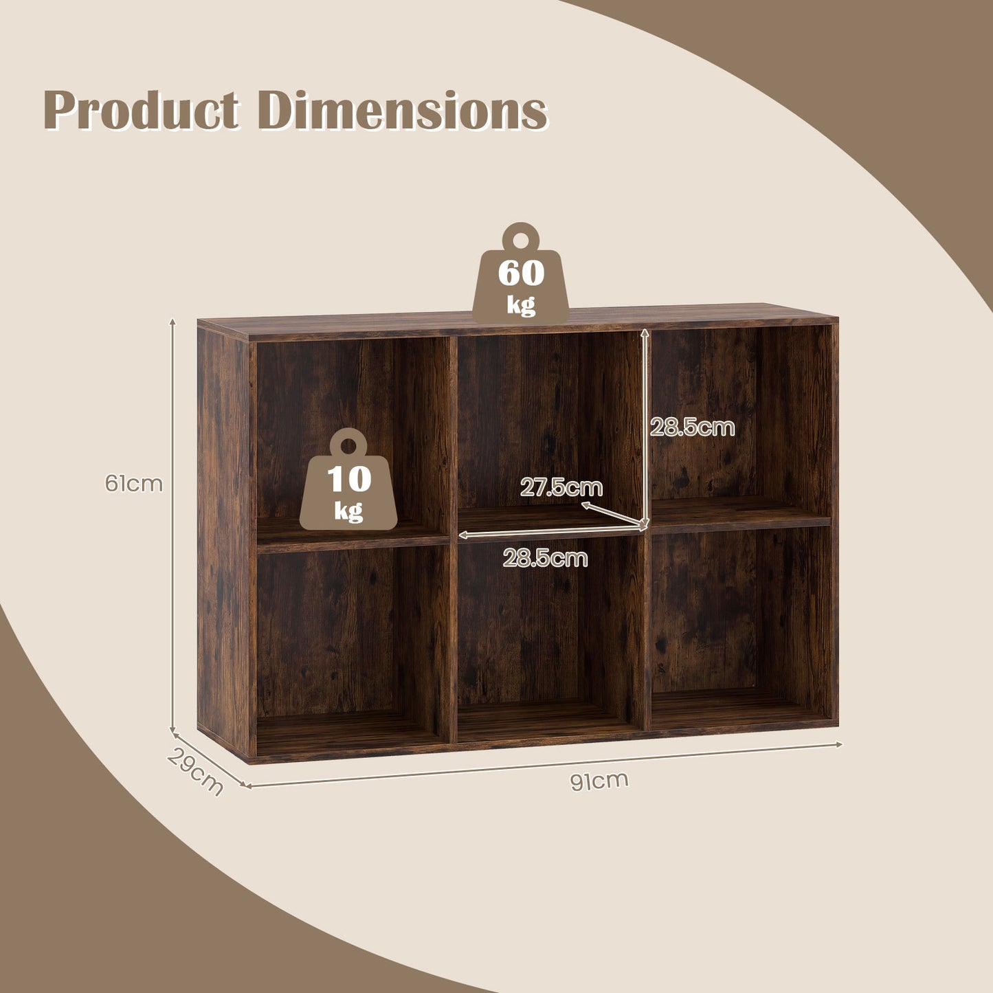 6-Cube Bookcase 3-Tier Storage Organizer with Anti-Tipping Kits for Living Room Study-Coffee
