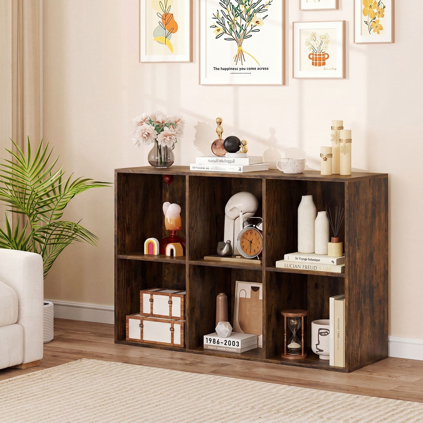 6-Cube Bookcase 3-Tier Storage Organizer with Anti-Tipping Kits for Living Room Study-Coffee