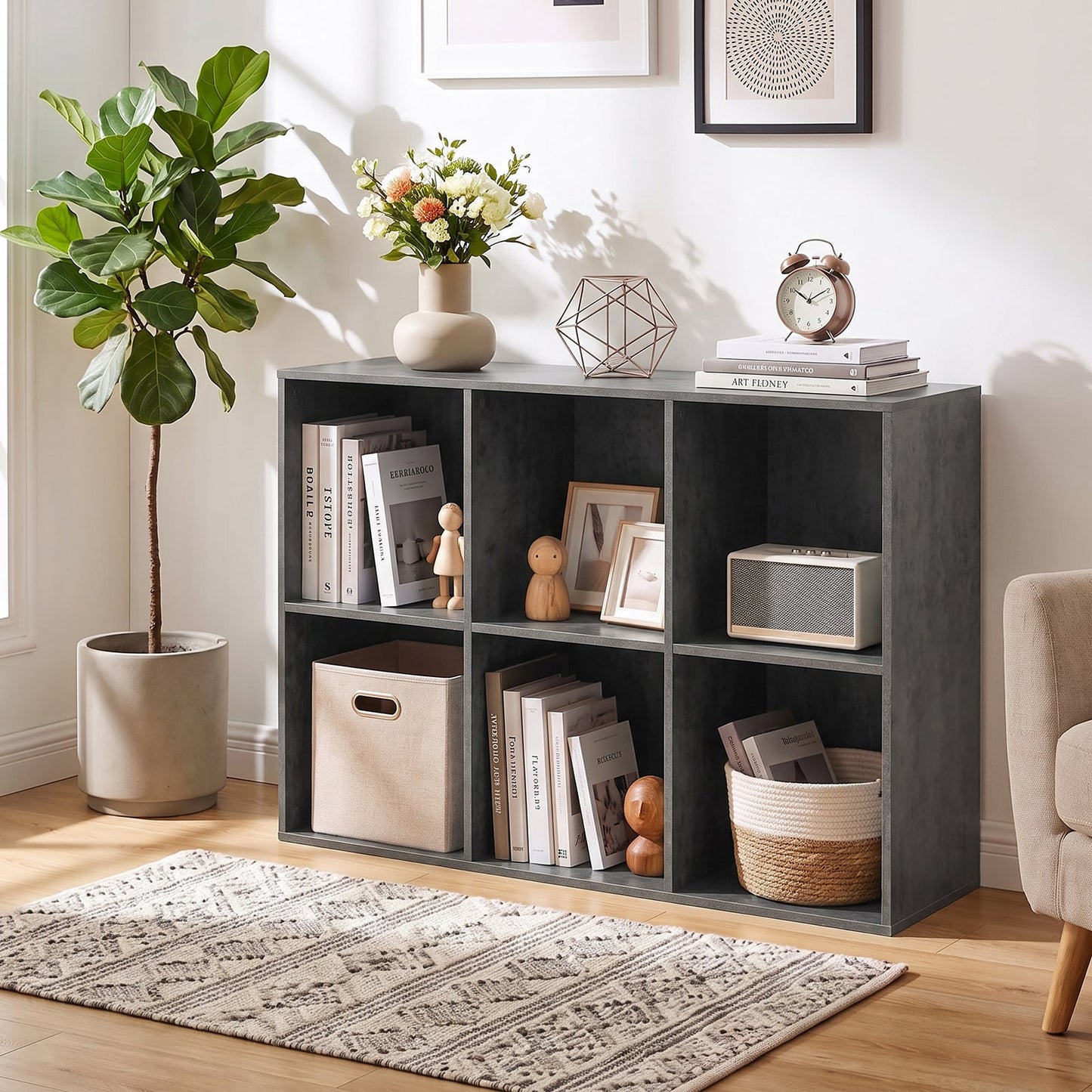 6-Cube Bookcase 3-Tier Storage Organizer with Anti-Tipping Kits for Living Room Study-Grey