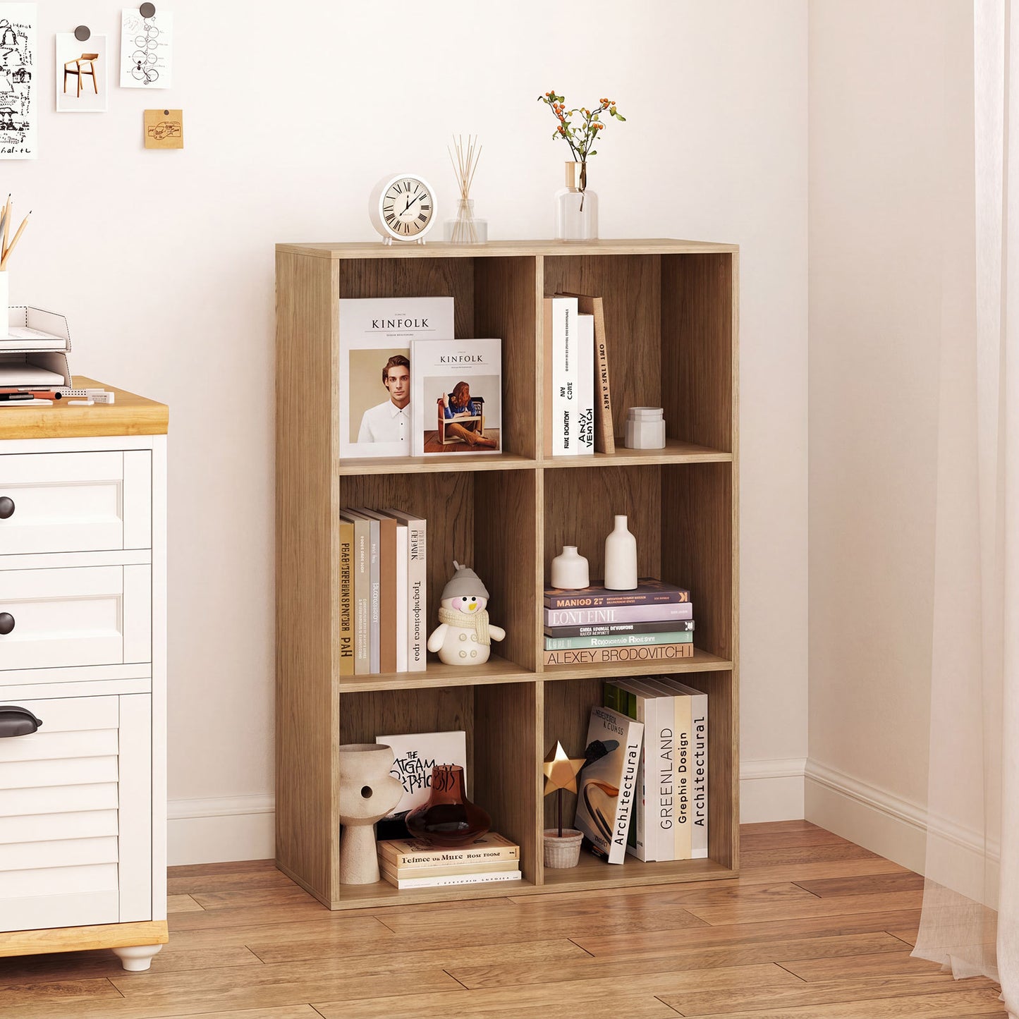 6-Cube Bookcase 3-Tier Storage Organizer with Anti-Tipping Kits for Living Room Study-Natural