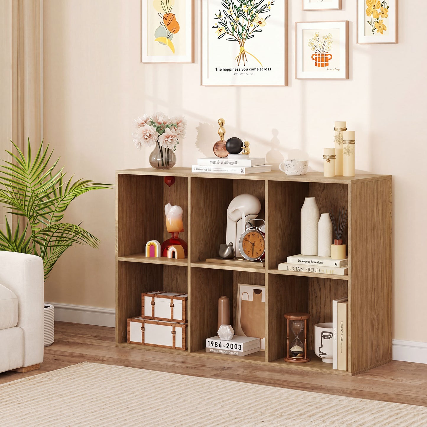 6-Cube Bookcase 3-Tier Storage Organizer with Anti-Tipping Kits for Living Room Study-Natural