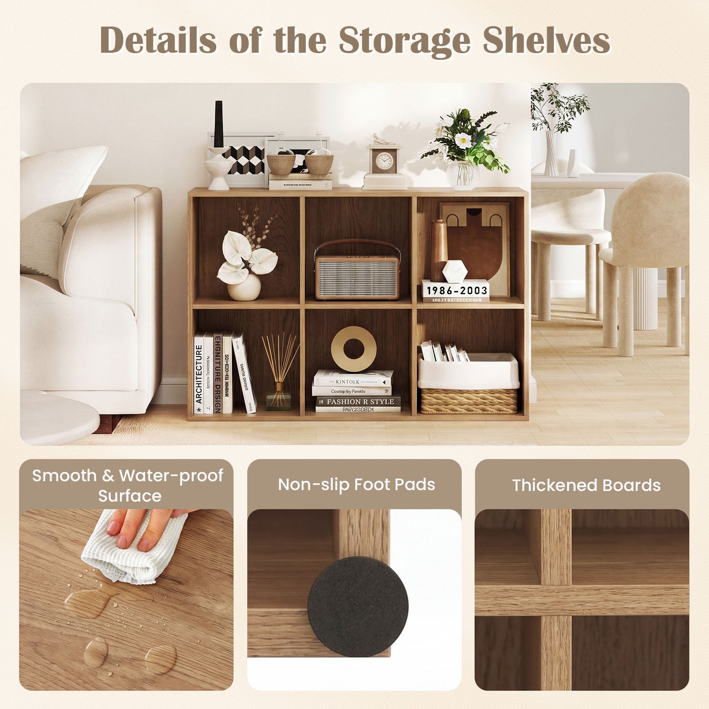 6-Cube Bookcase 3-Tier Storage Organizer with Anti-Tipping Kits for Living Room Study-Natural