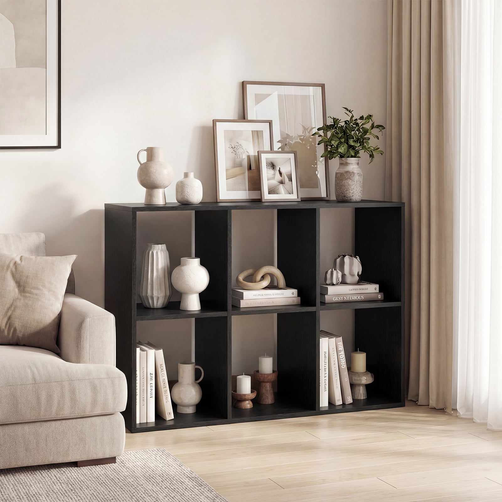 6-Cube Bookshelf with Back Guardrail and Anti-tipping Kits-Black