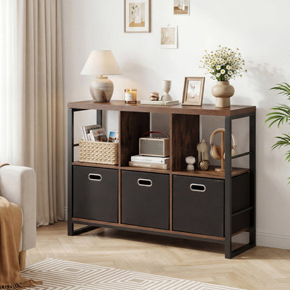 6 Cube Storage Organizer with 3 Storage Bins Sturdy Metal Frame and 3 Open Shelves-Rustic Brown