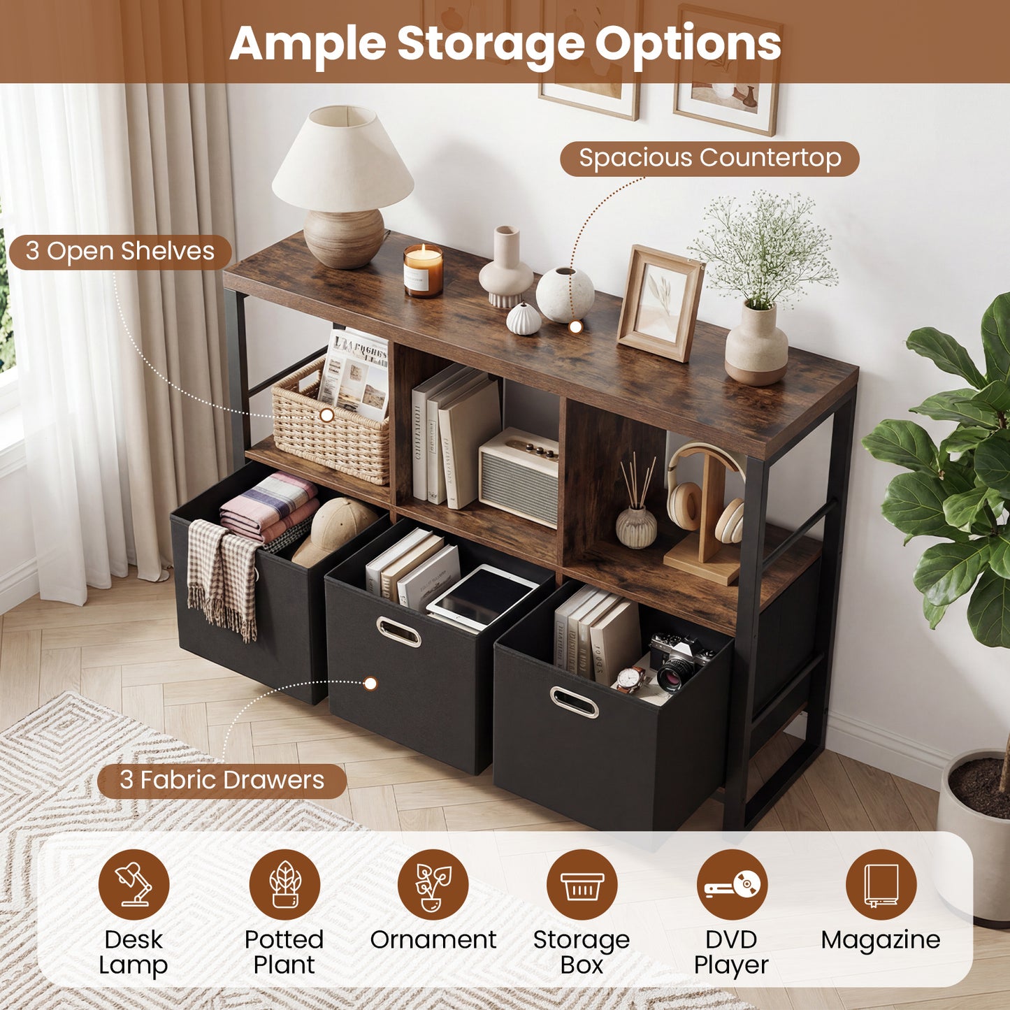 6 Cube Storage Organizer with 3 Storage Bins Sturdy Metal Frame and 3 Open Shelves-Rustic Brown