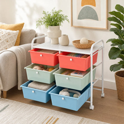 6-Drawer Rolling Storage Cart with 4 Universal Wheels and Metal Frame Spacious Tabletop-Multicolor