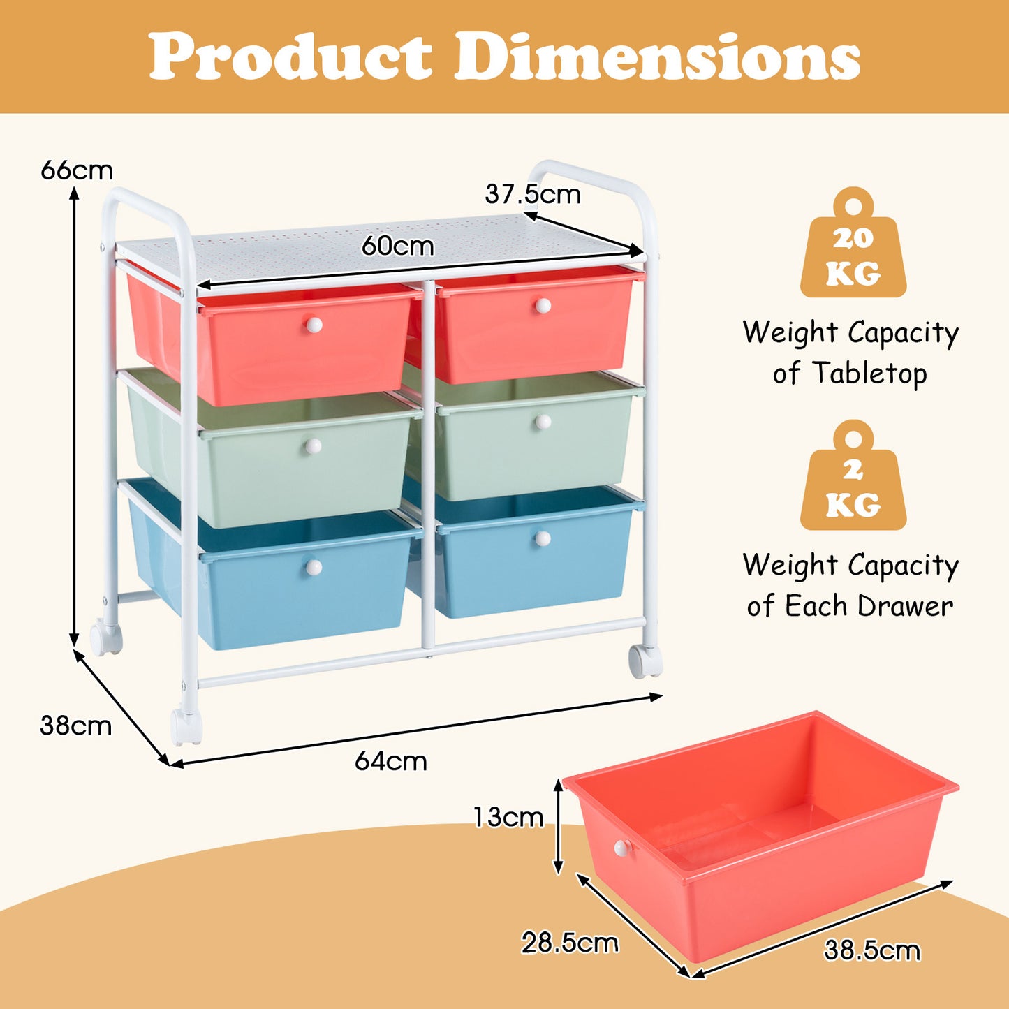 6-Drawer Rolling Storage Cart with 4 Universal Wheels and Metal Frame Spacious Tabletop-Multicolor