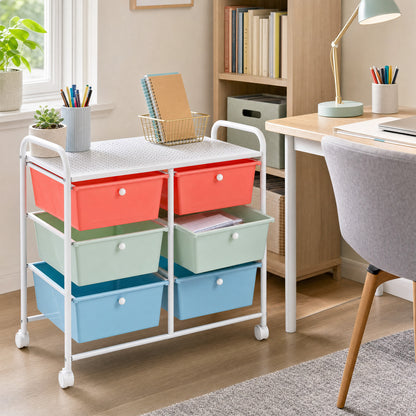 6-Drawer Rolling Storage Cart with 4 Universal Wheels and Metal Frame Spacious Tabletop-Multicolor