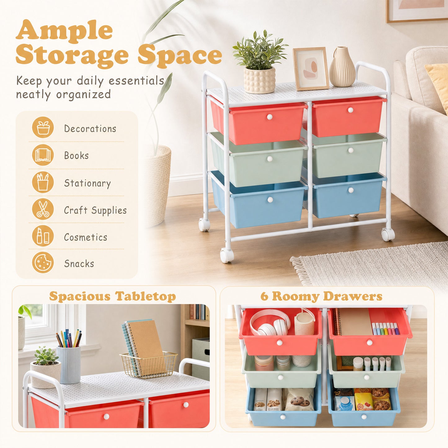 6-Drawer Rolling Storage Cart with 4 Universal Wheels and Metal Frame Spacious Tabletop-Multicolor