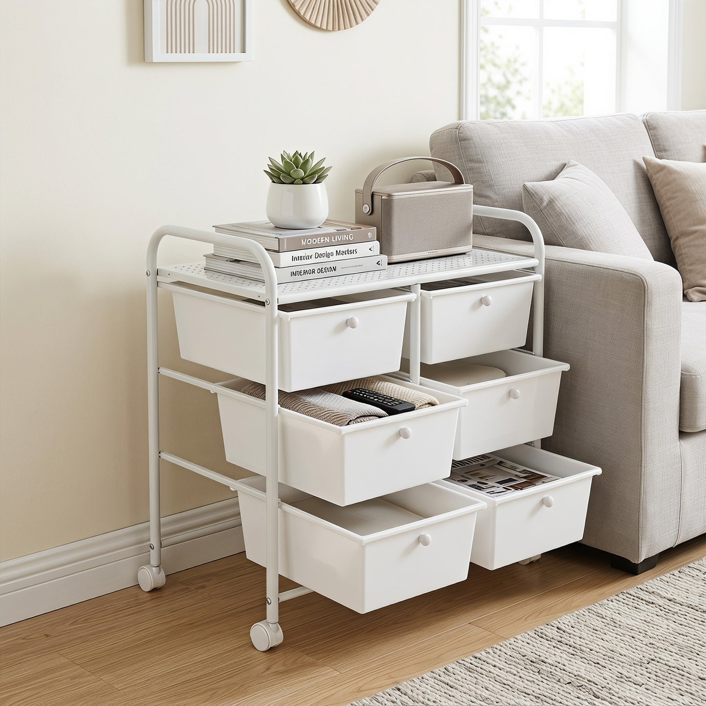 6-Drawer Rolling Storage Cart with 4 Universal Wheels and Metal Frame Spacious Tabletop-White