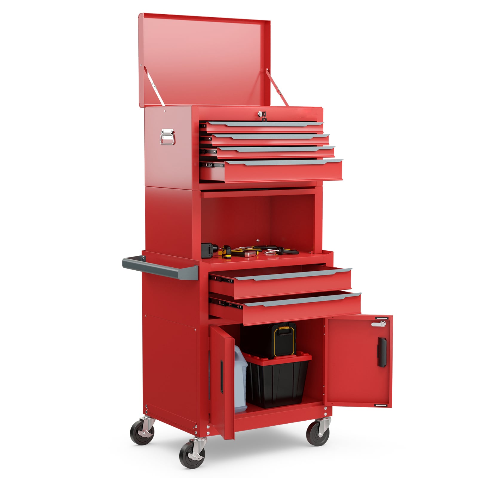 6-Drawer Rolling Tool Chest with Universal Wheels and Hooks-Red-M