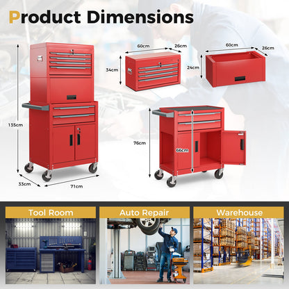 6-Drawer Rolling Tool Chest with Universal Wheels and Hooks-Red-M