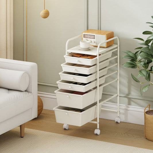 6 Drawers Storage Trolley with 4 Wheels for Makeup Beauty Salon-White