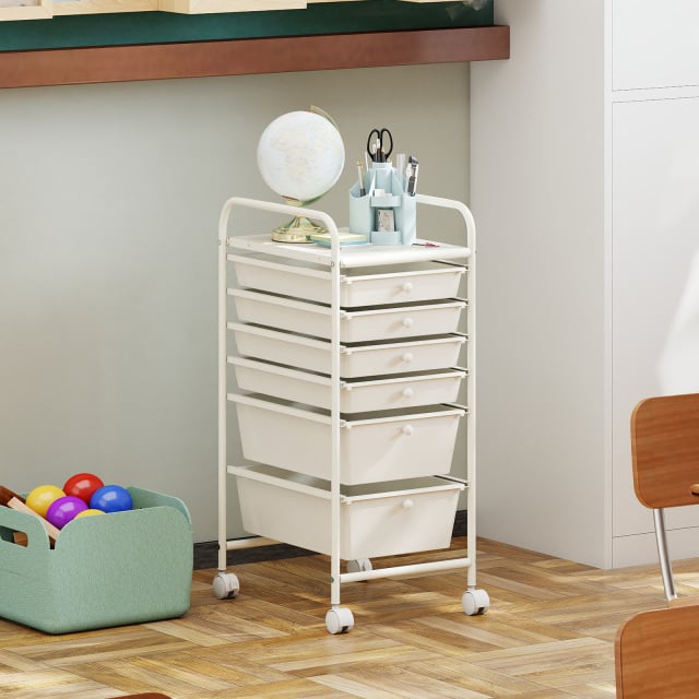 6 Drawers Storage Trolley with 4 Wheels for Makeup Beauty Salon-White