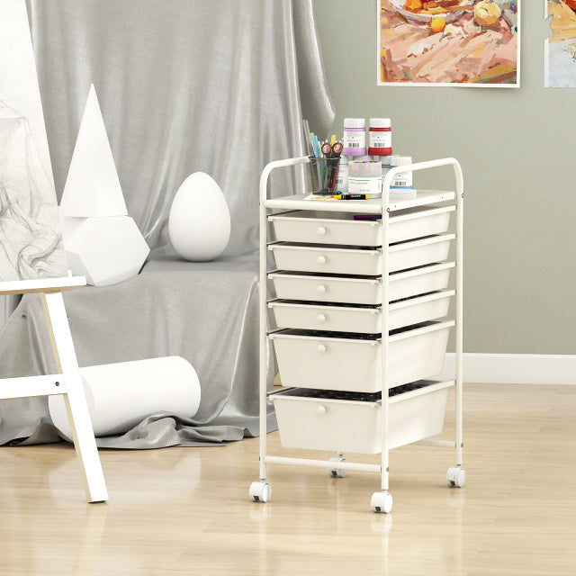 6 Drawers Storage Trolley with 4 Wheels for Makeup Beauty Salon-White