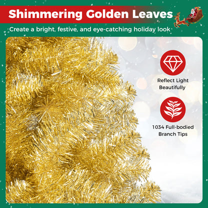 6 FT Artificial Christmas Tree with 1034 Branch Tips and Shimmering Leaves for Party-Golden