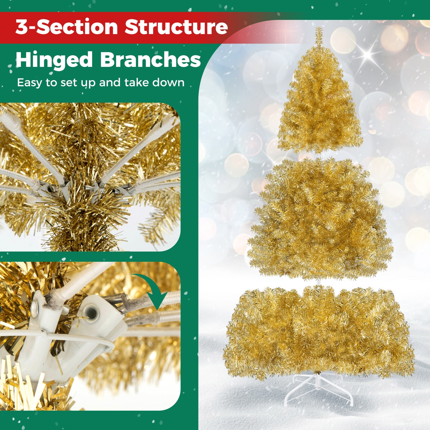 6 FT Artificial Christmas Tree with 1034 Branch Tips and Shimmering Leaves for Party-Golden