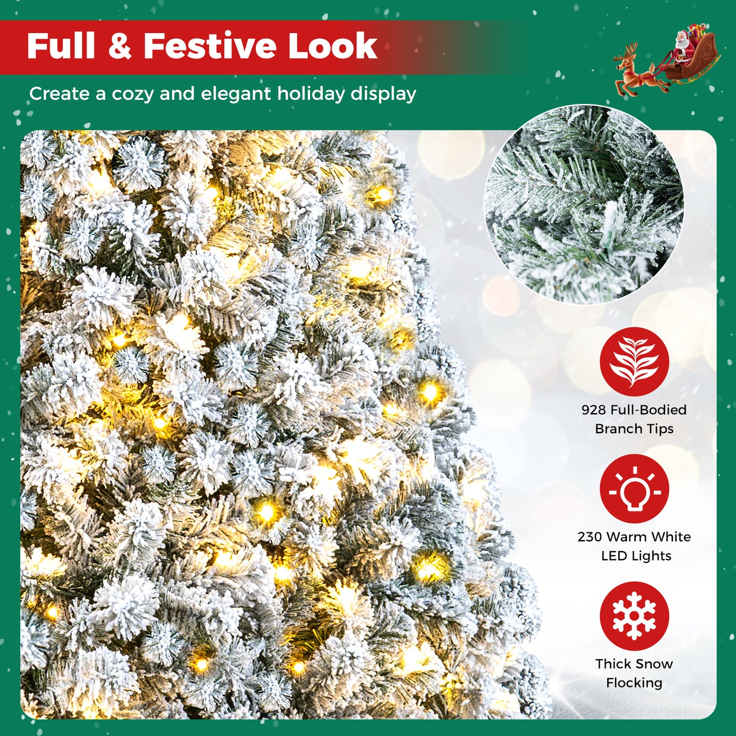 6 FT Snow-Flocked Artificial Christmas Tree with 230 Warm White LED Lights and 928 Branch Tips-Green