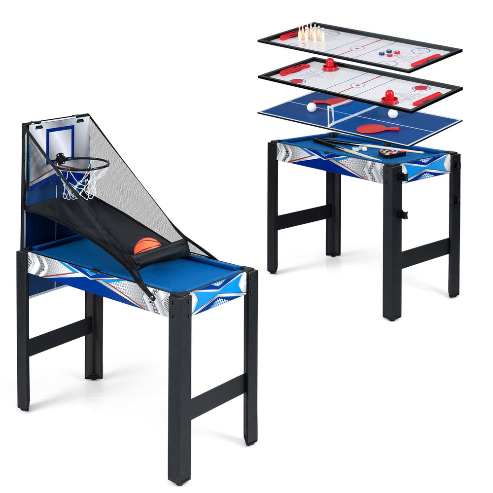 6-In-1 Multi Game Table with Air Hockey Table Tennis Basketball Billiards Shuffleboard Bowling-Blue