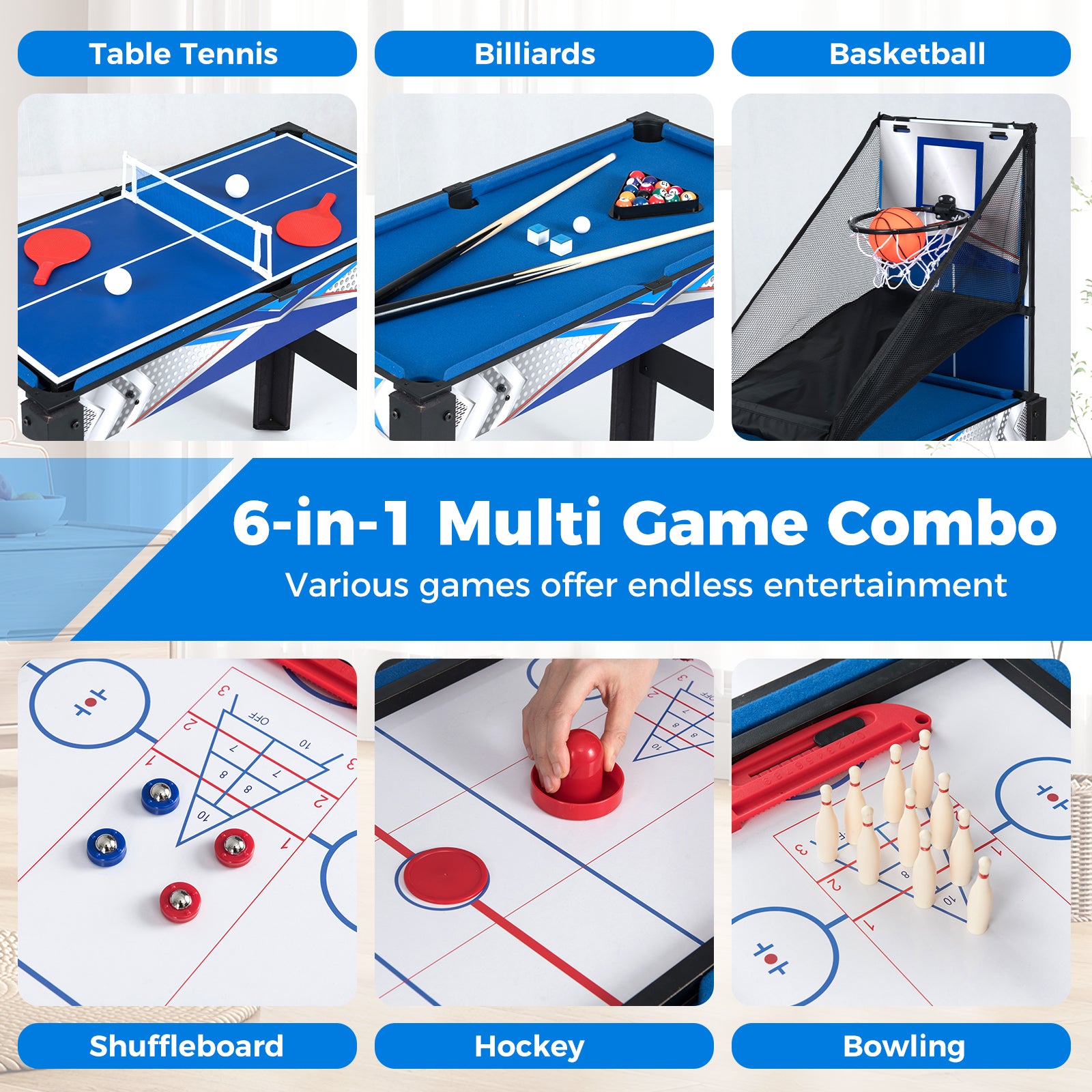 6-In-1 Multi Game Table with Air Hockey Table Tennis Basketball Billiards Shuffleboard Bowling-Blue