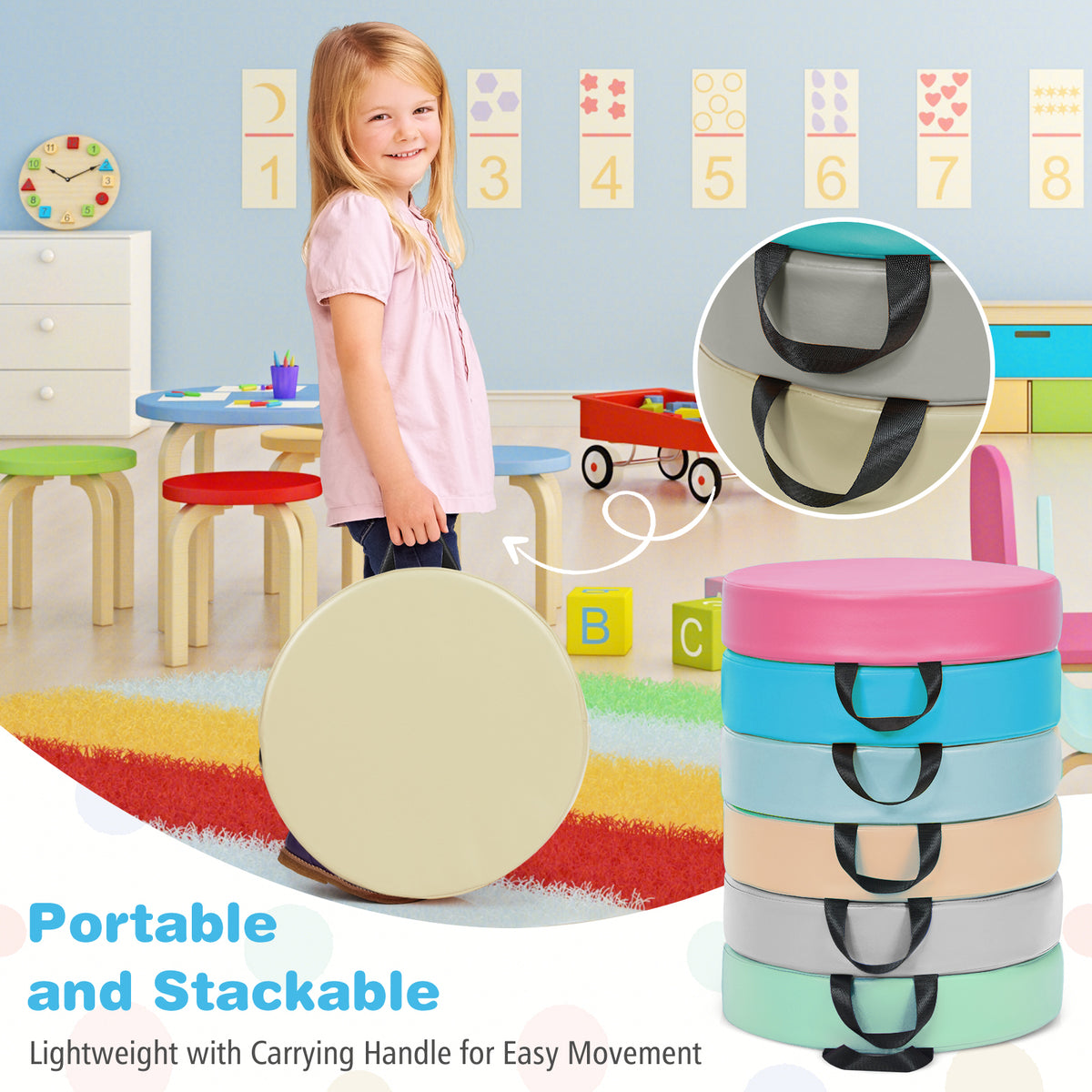 6 PCS Classroom Floor Cushions with Handles-Macaron