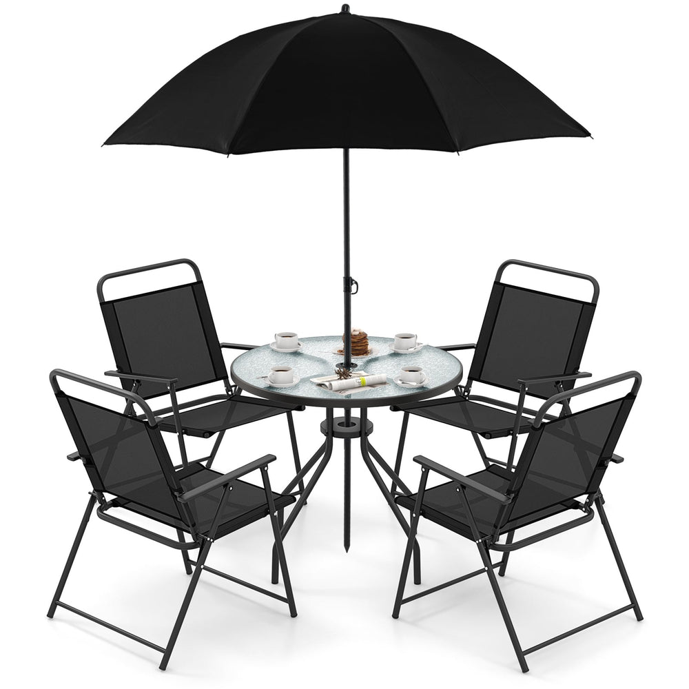 6 Piece Outdoor Dining Set with Detachable Umbrella for Poolside-Black