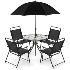 6 Piece Outdoor Dining Set with Detachable Umbrella for Poolside-Black