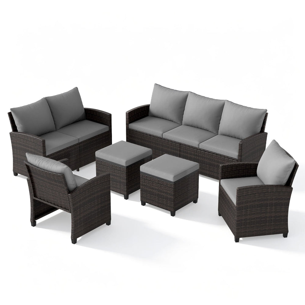 6 Pieces 9 Seats Patio Furniture Set with 3-Seat Sofa Loveseat Chair and 2 Ottomans-Grey