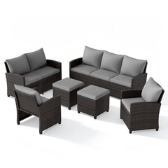 6 Pieces 9 Seats Patio Furniture Set with 3-Seat Sofa Loveseat Chair and 2 Ottomans-Grey