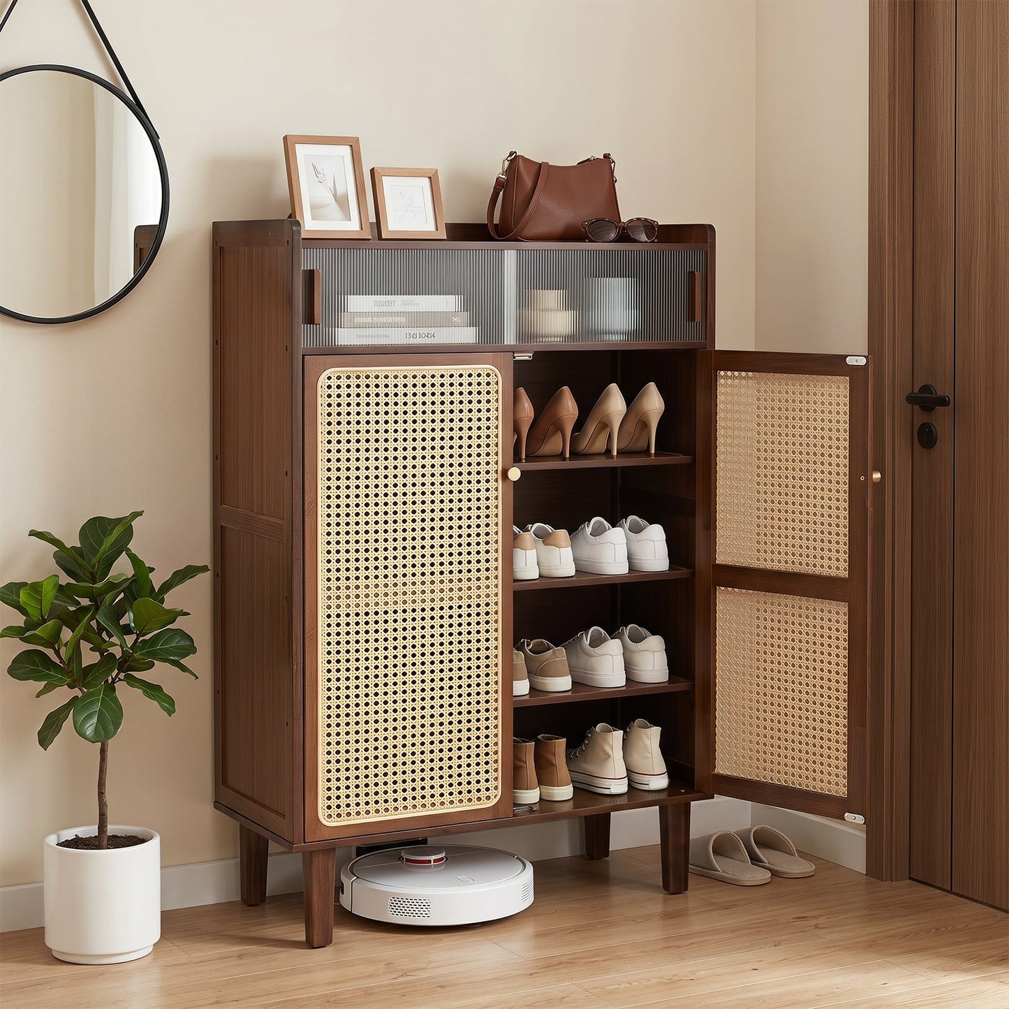 6-Tier Bamboo Shoe Cabinet with Woven Rattan Doors Shelves and Sliding Doors-Walnut