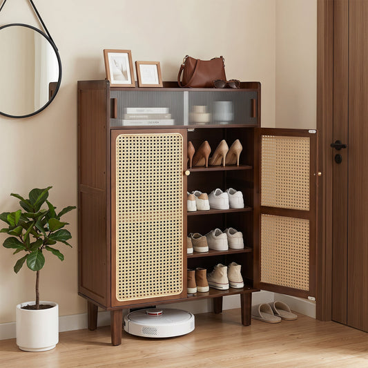 6-Tier Bamboo Shoe Cabinet with Woven Rattan Doors Shelves and Sliding Doors-Walnut