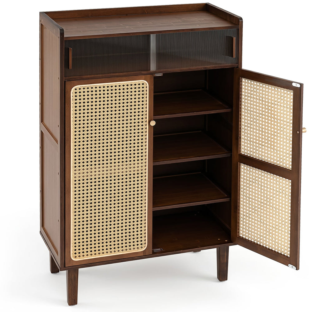 6-Tier Bamboo Shoe Cabinet with Woven Rattan Doors Shelves and Sliding Doors-Walnut