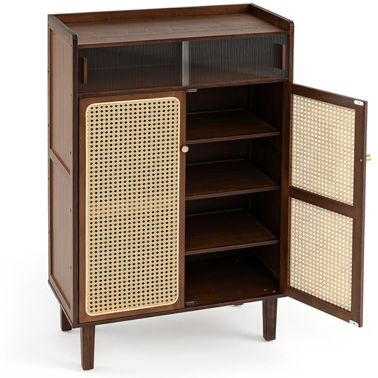 6-Tier Bamboo Shoe Cabinet with Woven Rattan Doors Shelves and Sliding Doors-Walnut