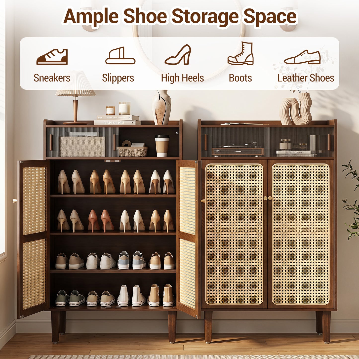 6-Tier Bamboo Shoe Cabinet with Woven Rattan Doors Shelves and Sliding Doors-Walnut