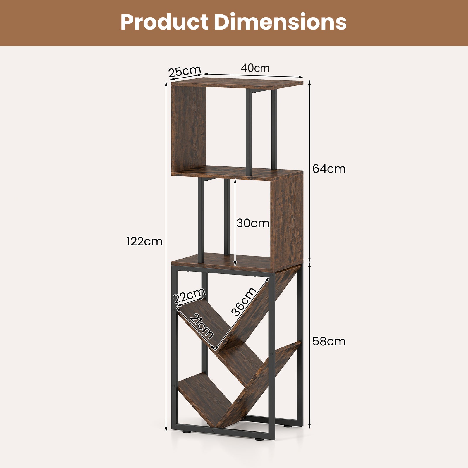 6-Tier Bookshelf with Open Display Shelves for Living Room-Rustic Brown