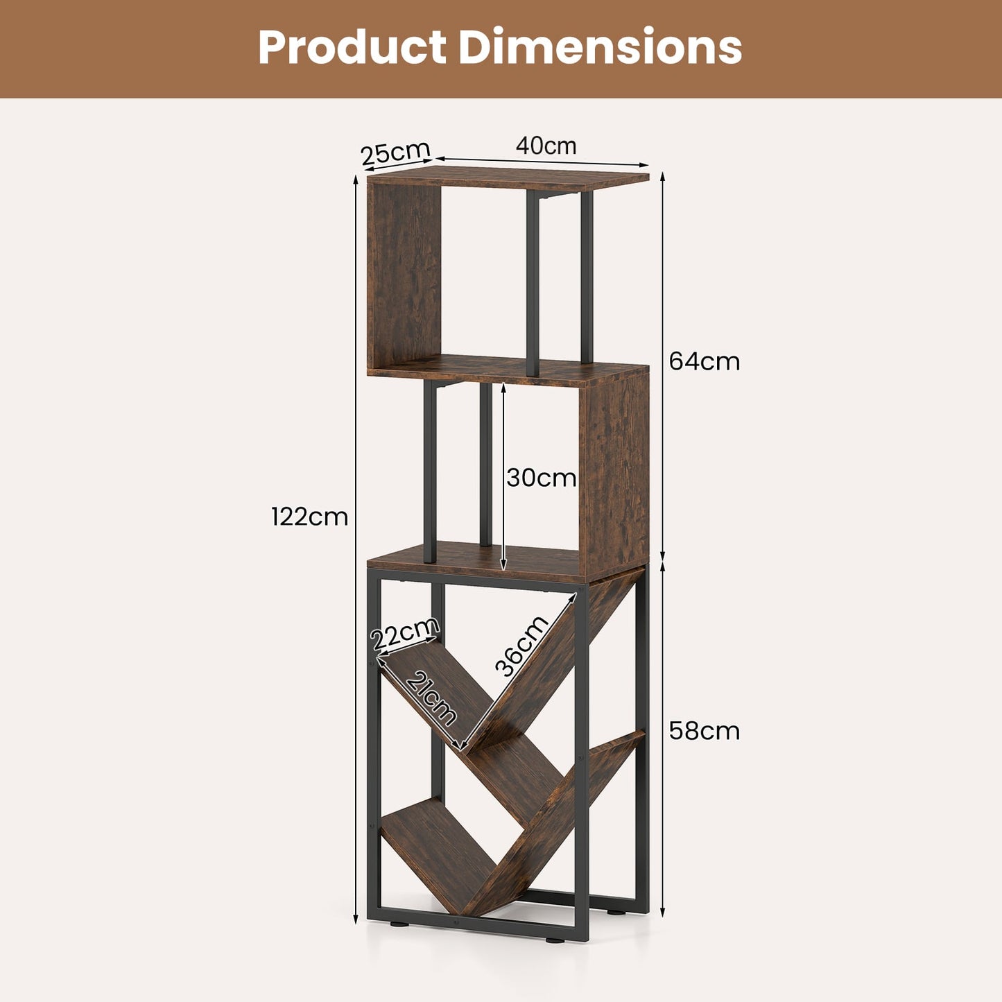 6-Tier Bookshelf with Open Display Shelves for Living Room-Rustic Brown