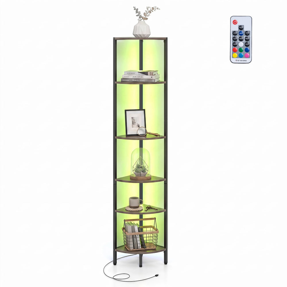 6-Tier Corner Shelf 68 inch Tall Narrow Display Bookshelf with LED Lights-Grey