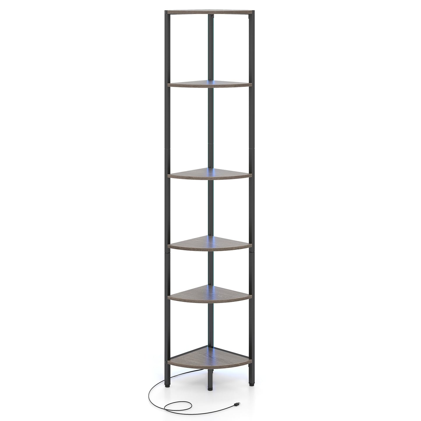 6-Tier Corner Shelf 68 inch Tall Narrow Display Bookshelf with LED Lights-Grey