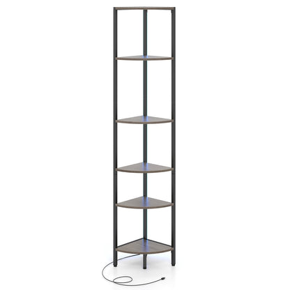 6-Tier Corner Shelf 68 inch Tall Narrow Display Bookshelf with LED Lights-Grey