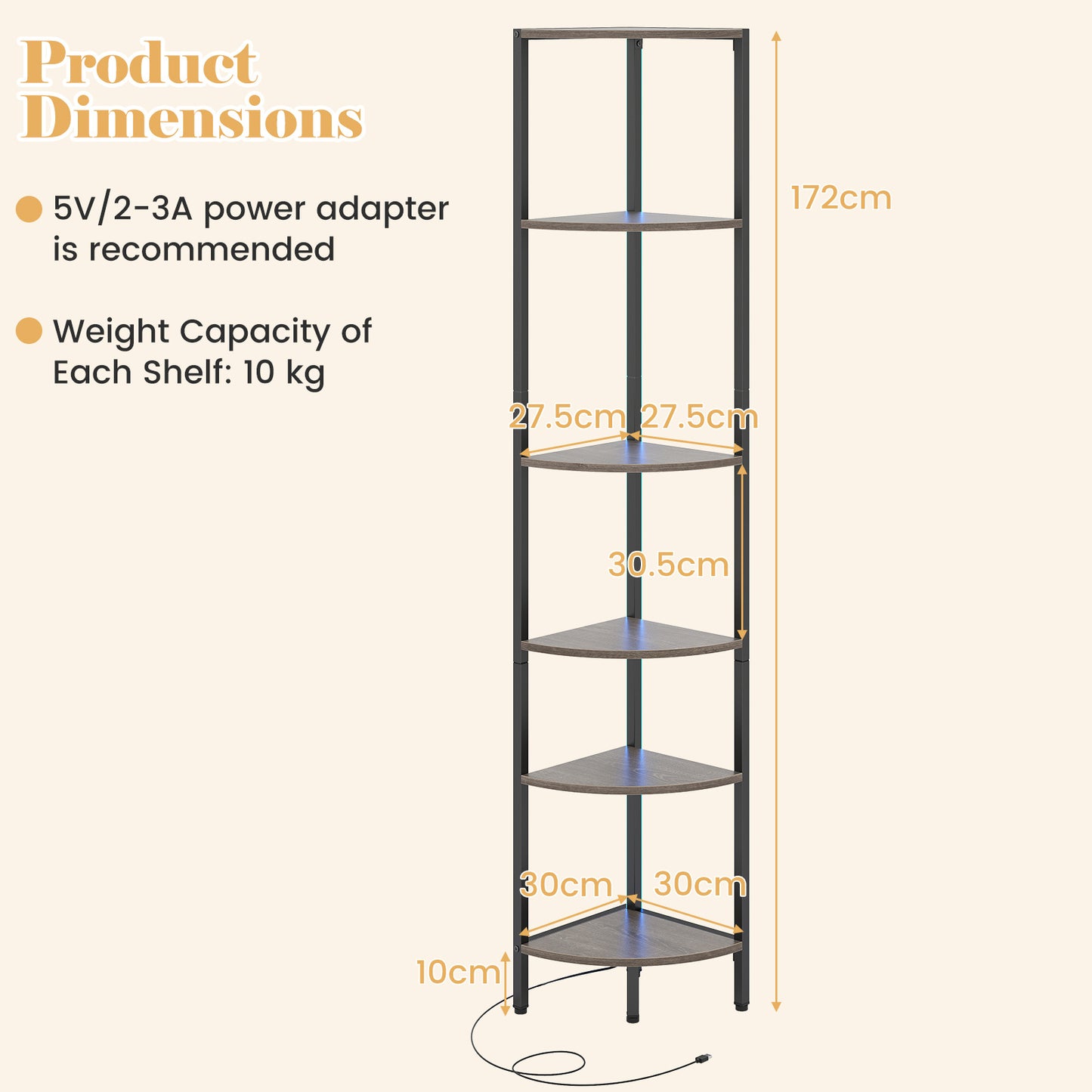 6-Tier Corner Shelf 68 inch Tall Narrow Display Bookshelf with LED Lights-Grey