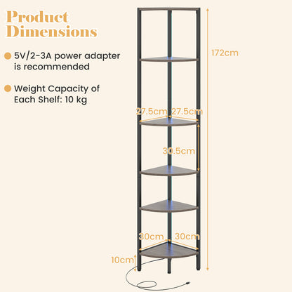 6-Tier Corner Shelf 68 inch Tall Narrow Display Bookshelf with LED Lights-Grey
