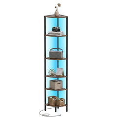 6-Tier Corner Shelf 68 inch Tall Narrow Display Bookshelf with LED Lights-Rustic Brown