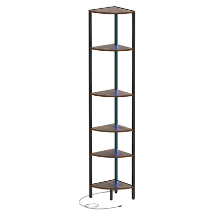 6-Tier Corner Shelf 68 inch Tall Narrow Display Bookshelf with LED Lights-Rustic Brown