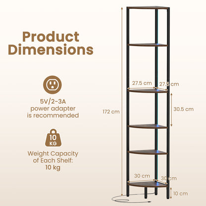 6-Tier Corner Shelf 68 inch Tall Narrow Display Bookshelf with LED Lights-Rustic Brown