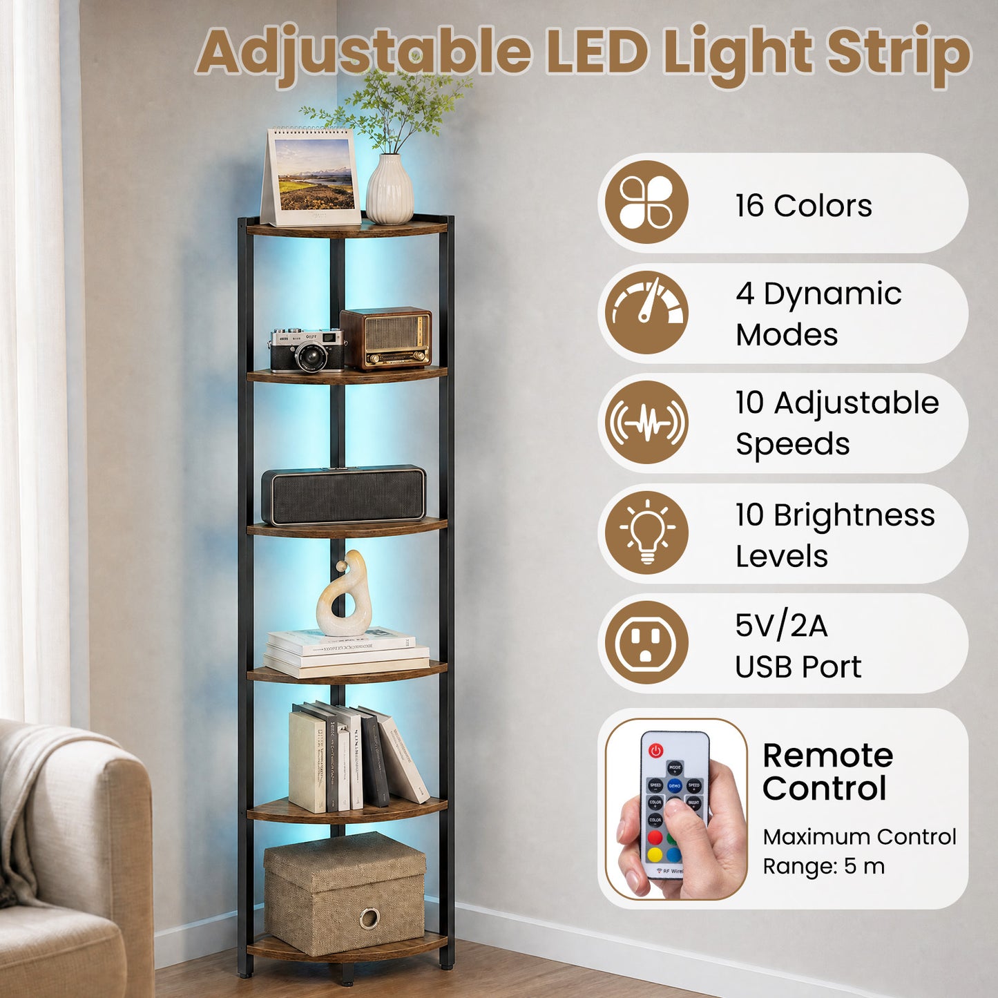 6-Tier Corner Shelf 68 inch Tall Narrow Display Bookshelf with LED Lights-Rustic Brown