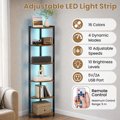 6-Tier Corner Shelf 68 inch Tall Narrow Display Bookshelf with LED Lights-Rustic Brown