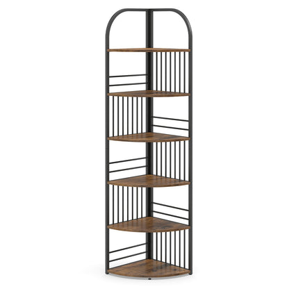 6-Tier Corner Shelf Tall Freestanding Corner Bookshelf with Heavy-duty Metal Frame-Brown