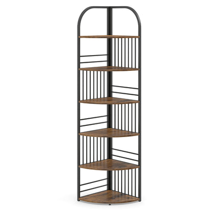 6-Tier Corner Shelf Tall Freestanding Corner Bookshelf with Heavy-duty Metal Frame-Brown